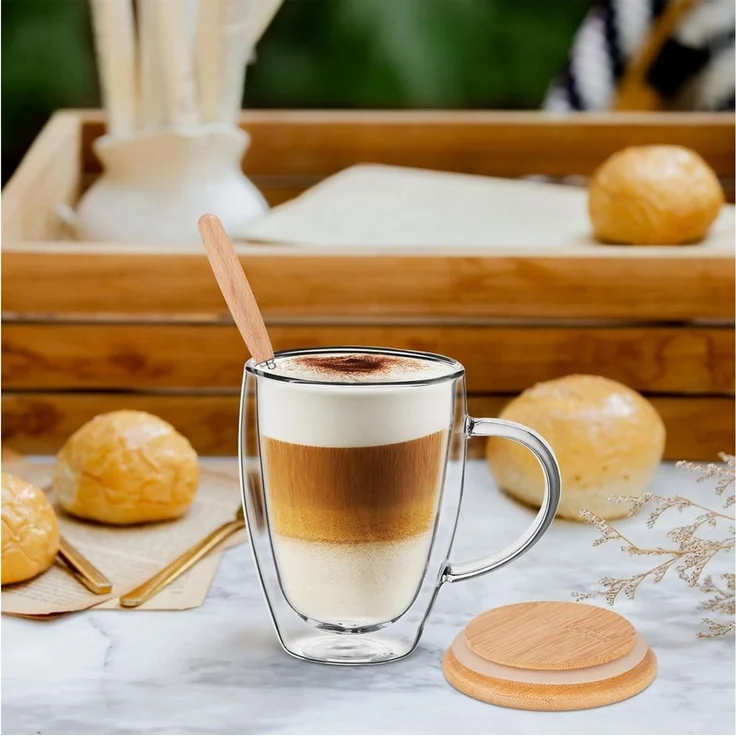 LA CUTE Thermotasse 4er-Set Doppelwandige Glas-Kaffeetassen mit Deckel und Löffel 350 ml, 12-tlg, Glas, doppelwandig, hitzebeständig, isolierend, transparenter Glaslook