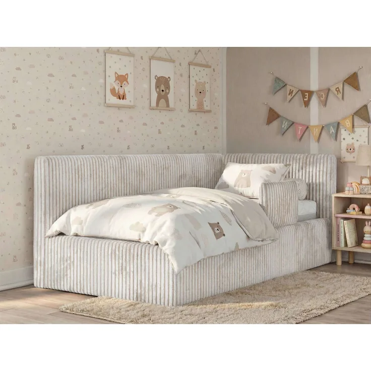 Kinderbett, Polsterbett 90x200 TILVO ALTA mit Rausfallschutz & Bettkasten, Gasdruckfeder-Lift, inkl. Lattenrost, Matratze wählbar - Beige Cord - VIRE LUX - Rechts Seite