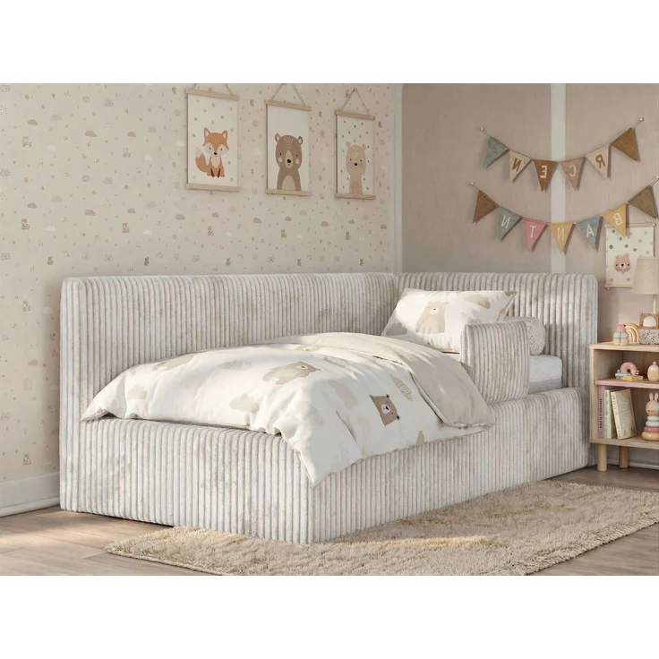 Kinderbett, Polsterbett 90x200 TILVO ALTA mit Rausfallschutz & Bettkasten, Gasdruckfeder-Lift, inkl. Lattenrost, Matratze wählbar - Beige Cord - VIRE LUX - Rechts Seite – Bild 1
