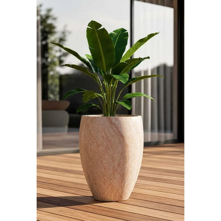 VIVANNO Pflanzkübel Fiberglas OVOLO Rund - Travertin Steinoptik (1 St), 42x55 cm – Bild 2