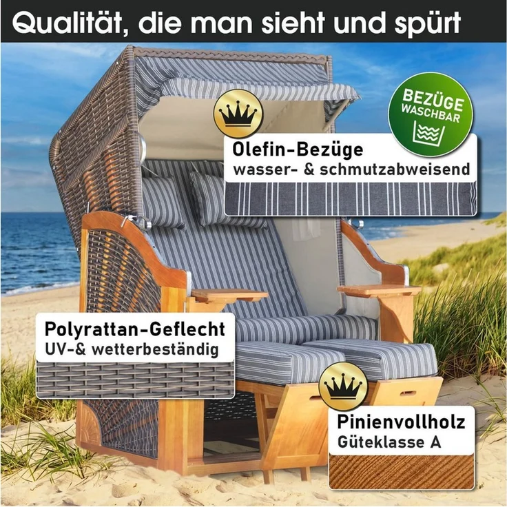BRAST Strandkorb BRAST Strandkorb Bornholm Premium, 123cm Breite, 3 Designs, Volllieger, Bornholm, (Pinien Vollholz, UV-beständig), inkl. Premium-Schutzhaube – Bild 4