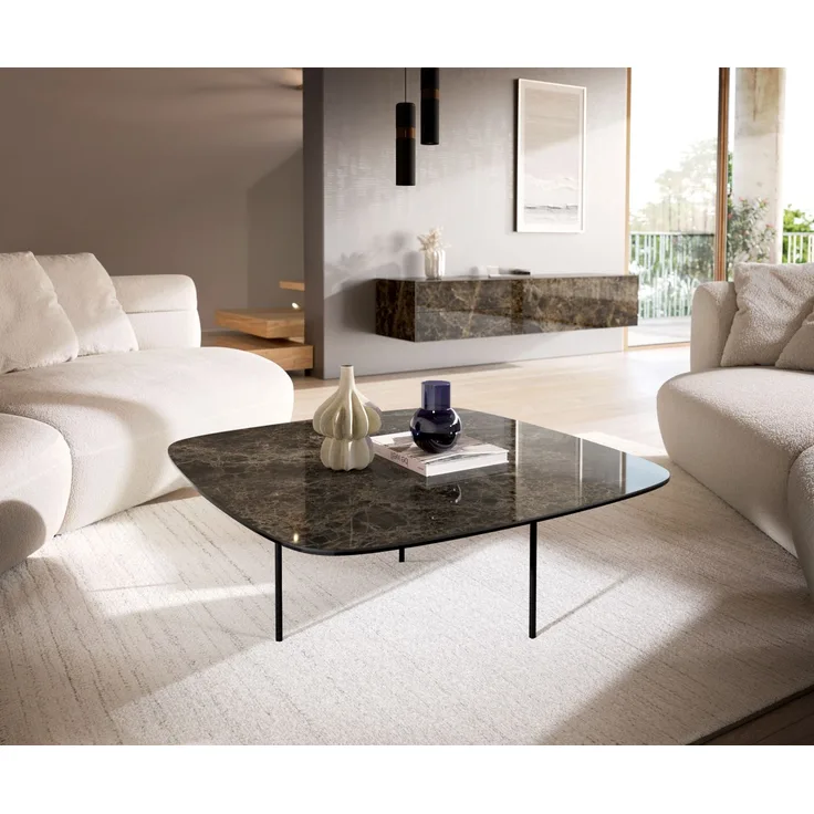 Couchtisch Edge Boot 90x90 cm Keramik Emperador Extra Lucidato Dunkelbraun Trive Metall Schwarz