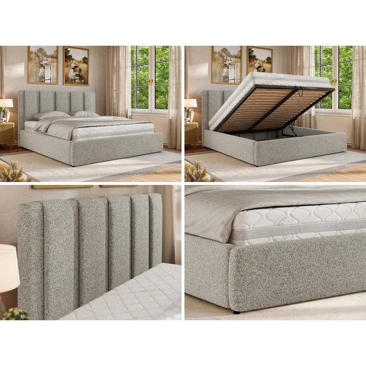 Polsterbett SAVINO CLASSIC mit Bettkasten und Lattenrost Doppelbett 140 x 200 cm mit hohem Kopfteil Stauraumbett Bett mit Gasdruckfeder - Hellgrau Stukture – Bild 2