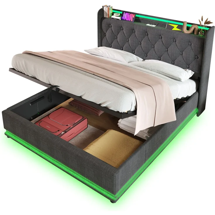 Polsterbett mit LED, USB-Anschluss & Stauraum, 140x190 cm, Grau, ohne Matratze – Bild 7