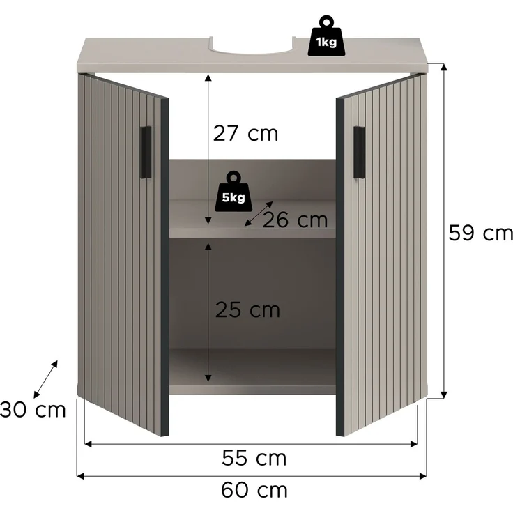 xonox. home – Waschbeckenunterschrank Mone 60 x 59 x 30 cm in Kaschmir Nachbildung – Badunterschrank mit 2 Türen, verstellbarem Boden & Siphonausschnitt – Praktisch, modern & ideal für jedes Badezimmer – Bild 4