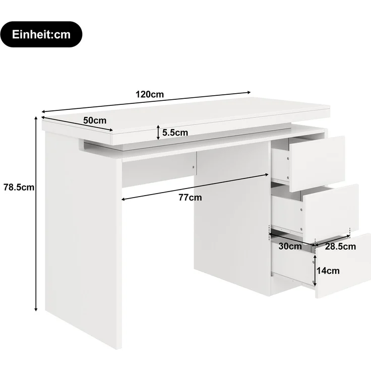 Schreibtisch 120x50x78,5 cm in Weiß matt mit 3 Schubladen und LED-Beleuchtung – Bild 5