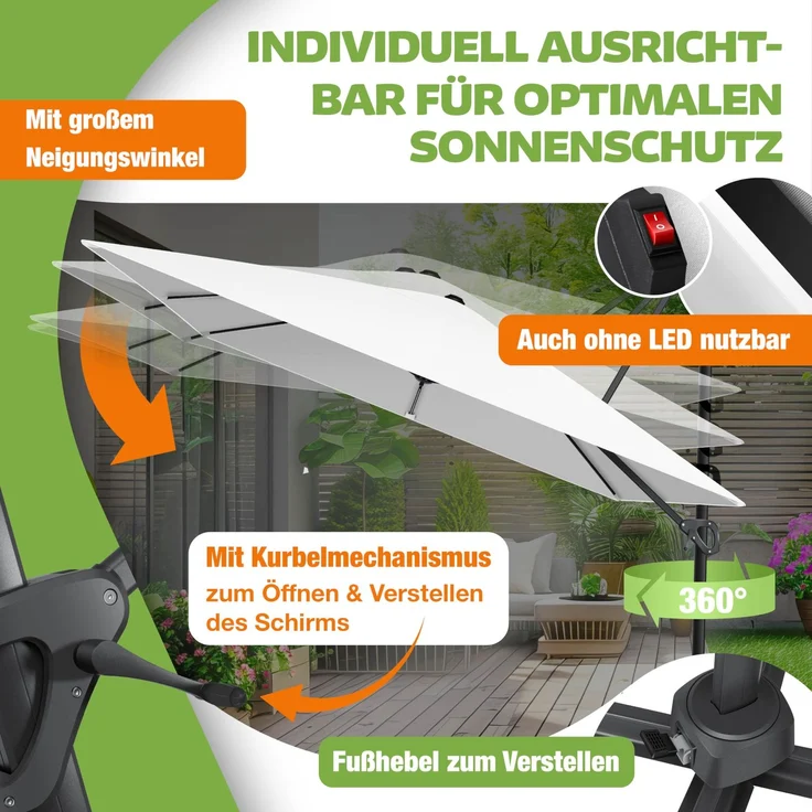 KESSER® Sonnenschirm Ampelschirm SUN XL 300 x 300 cm Inkl. Abdeckung +Windsicherung Drehbar Neigbar Kippbar Marktschirm Groß 360° Rotation, Gartenschirm mit Kurbel Sonnenschutz UV50+ Weiß, Mit LED – Bild 5
