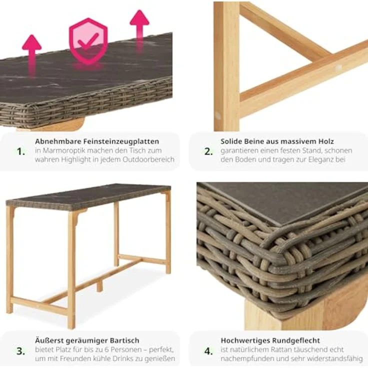 tectake Rattan-Bartisch Lovas, rechteckig, Natur, mit 2 abnehmbaren Feinsteinzeugplatten, 64.5x99.5x161 cm, Gartenmöbel – Bild 6