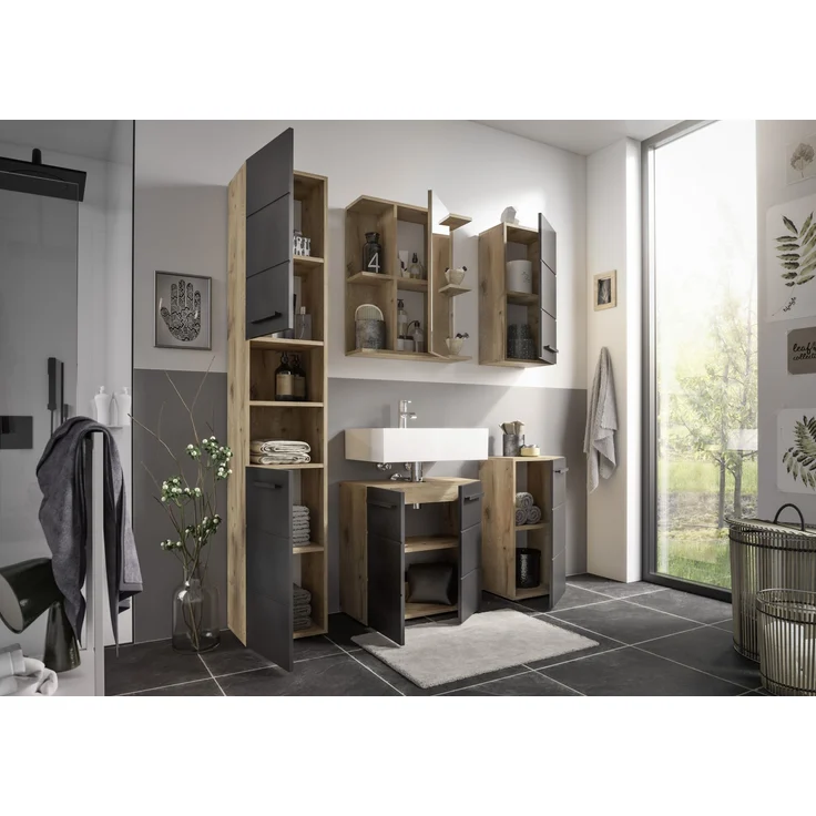 Hochschrank >Vista < 2 Türen, 6 Fächer, schwarz / viking oak Dekor - 34x190x31cm (BxHxT) – Bild 5