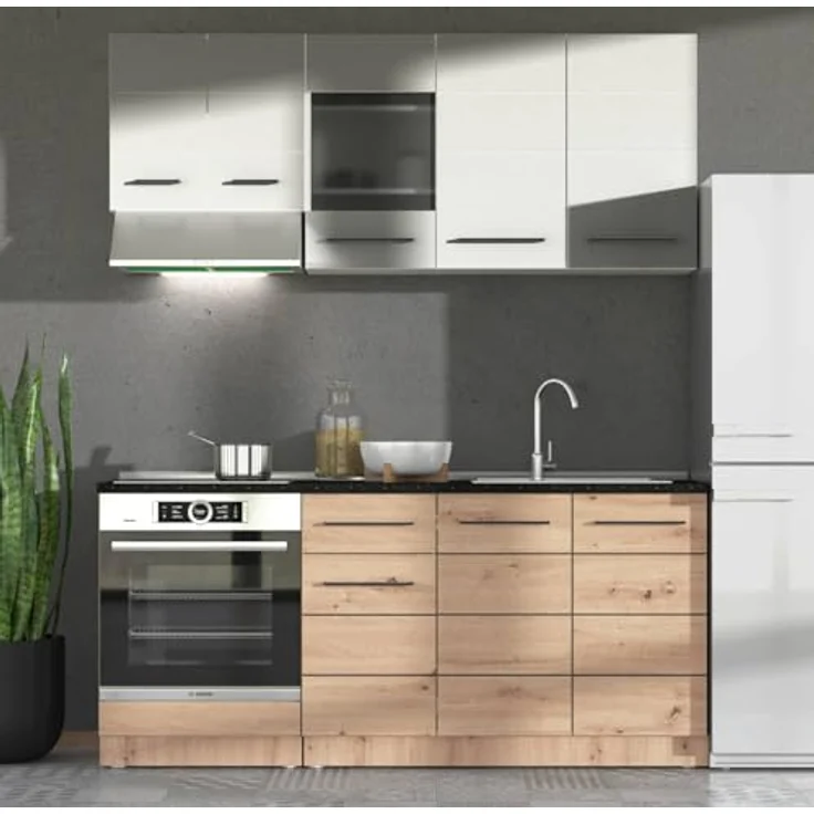 Homestyle4u Küchenleerblock, braun-weißer Küchenblock aus Holz, 180x200x60 cm, mit viel Stauraum und pflegeleichter Oberfläche – Bild 1