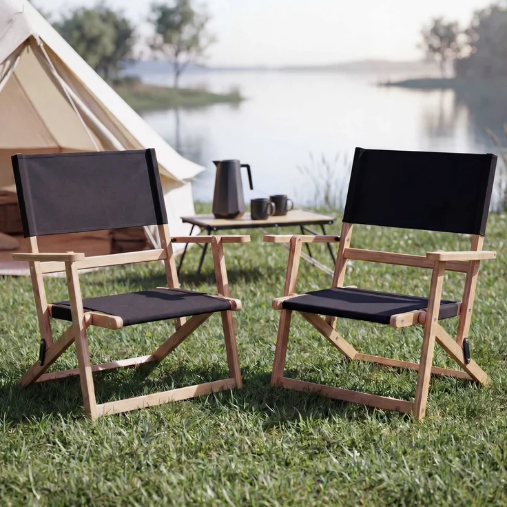 2er-Set Bambus Campingstuhl HWC-Q42, Gartenstuhl Balkonstuhl Freizeitstuhl klappbar Outdoor Stoff/Textil ~ schwarz – Bild 1