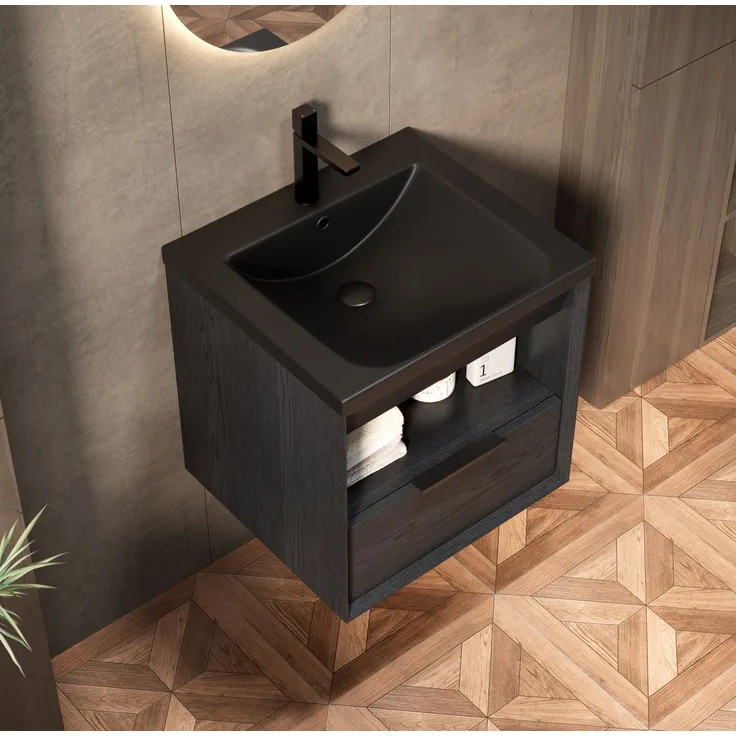 Waschtischunterschrank mit Keramikwaschbecken, Schublade & offenem Fach, 51,5x47x51,5 cm, Schwarz/Dunkeleiche