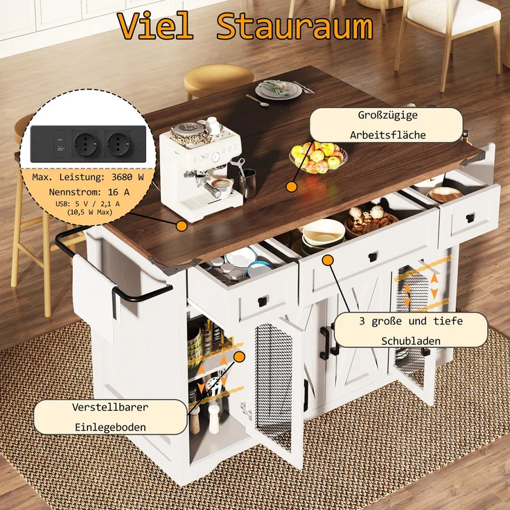 Kücheninselwagen mit ausziehbarer Arbeitsplatte & Stromanschluss, 91cm Arbeitshöhe, Weiß/Schwarz, belastbar bis 75kg – Bild 5