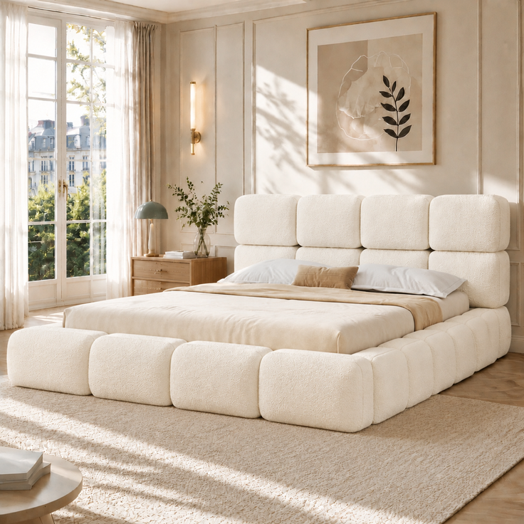 Gepolstertes Doppelbett, 160 x 200 cm, hydraulisch verstellbar, wolkenförmiges Bett, Stauraumbett, Bubble-Design, Lattenrost, mit Kopfteil und großem Stauraum, gepolstertes Kopfteil, weißer Schlingenveloursstoff. – Bild 2