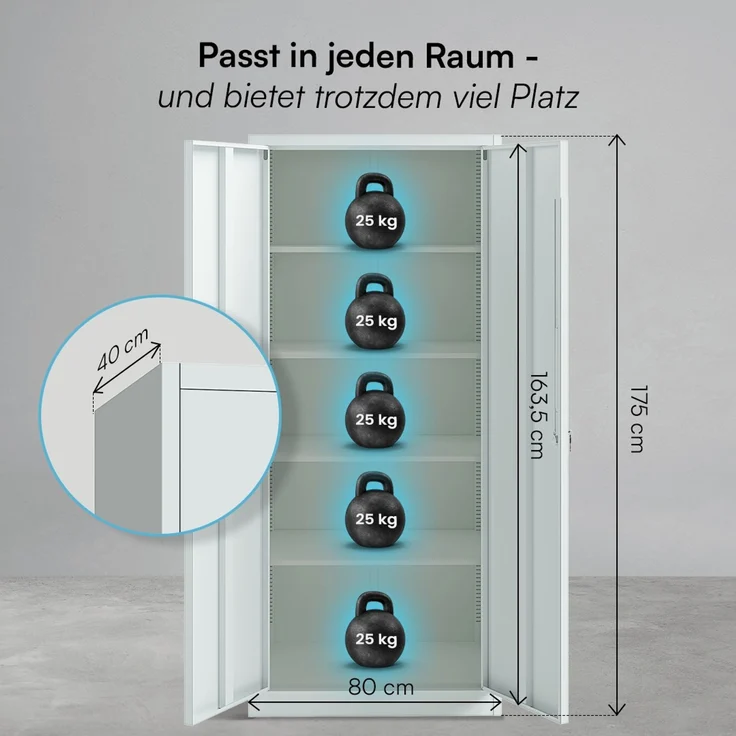 STEELSØN 'Regulus' Aktenschrank, Metall, grau, 175x40x80 cm, abschließbar, Metallschrank mit 5 Fächern, geeignet als Werkzeugschrank – Bild 9