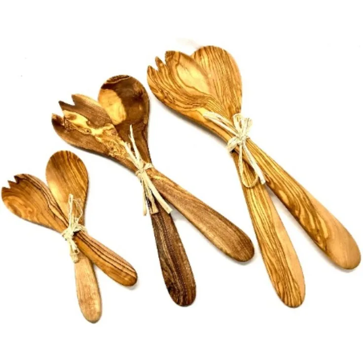 Olivenholz-erleben Salatbesteck Bastband gebundenes Salatbesteck ca. 21 cm lang (2-tlg, 1x Salatgabel und 1x Salatlöffel), antibakterielle Wirkung und lebensmittelecht geschmacksneutral