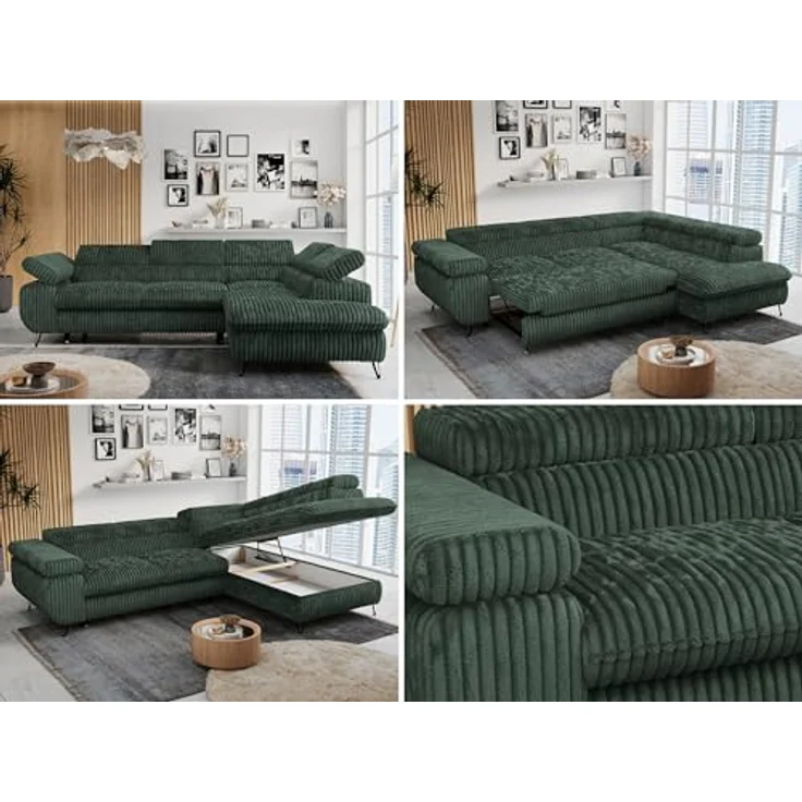 Mks Möbel 'Peter L-form' Ecksofa mit Bettfunktion, Bettkasten & einstellbaren Kopfstützen, Grün, Cord, rechts – Bild 2