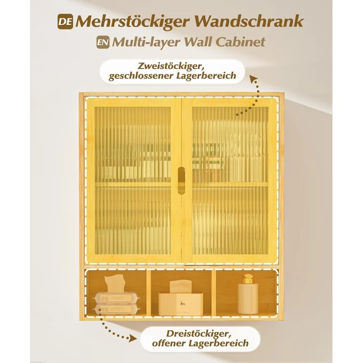 Yorbay Hängeschrank Bambus Badezimmerschrank (59x22x66 cm, Magnetverschluss & verstellbare Regale) Wandschrank mit Doppeltüren – Bild 4