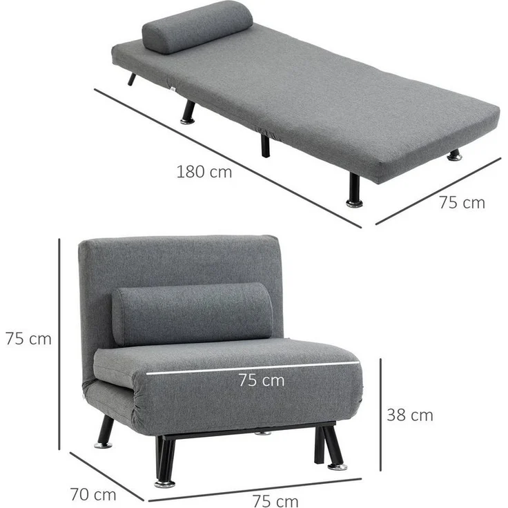 HOMCOM Sessel Schlafsofa, Klappmatratze, Bett, Gästebett (Klappbett, 1-St, Schlafsessel), für Wohnzimmer, Dunkelgrau – Bild 2