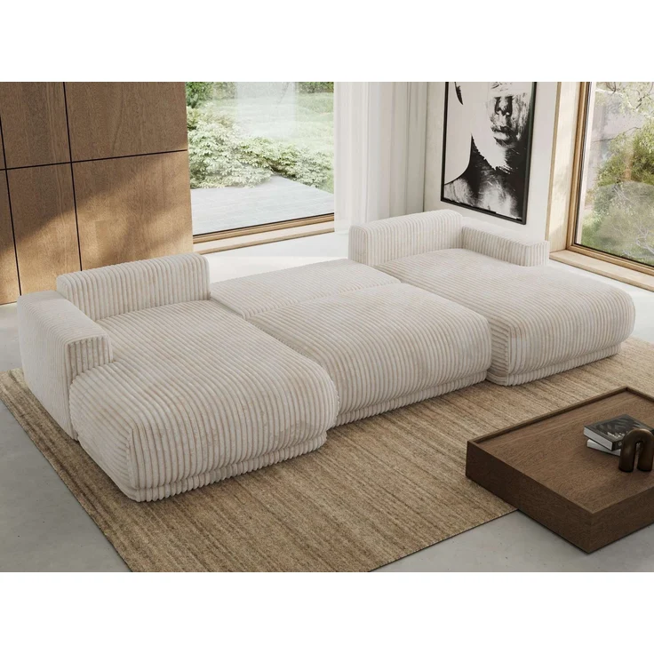 XXL Wohnlandschaft RINA U-Form 360 cm breit, Sofa mit Schlaffunktion & DL-Mechanismus, Wellenfederung, modern freistehend - Beige Cord – Bild 4