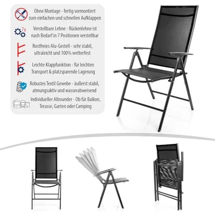 4 Stück Gartenstühle 120 kg belastbar - hochwertige Balkonstühle - Gartenstuhl Klappstuhl mit 7-Fach Verstellbarer Rückenlehne - Campingstuhl für Balkon, Garten & Terrasse - dunkelgrau/schwarz – Bild 4