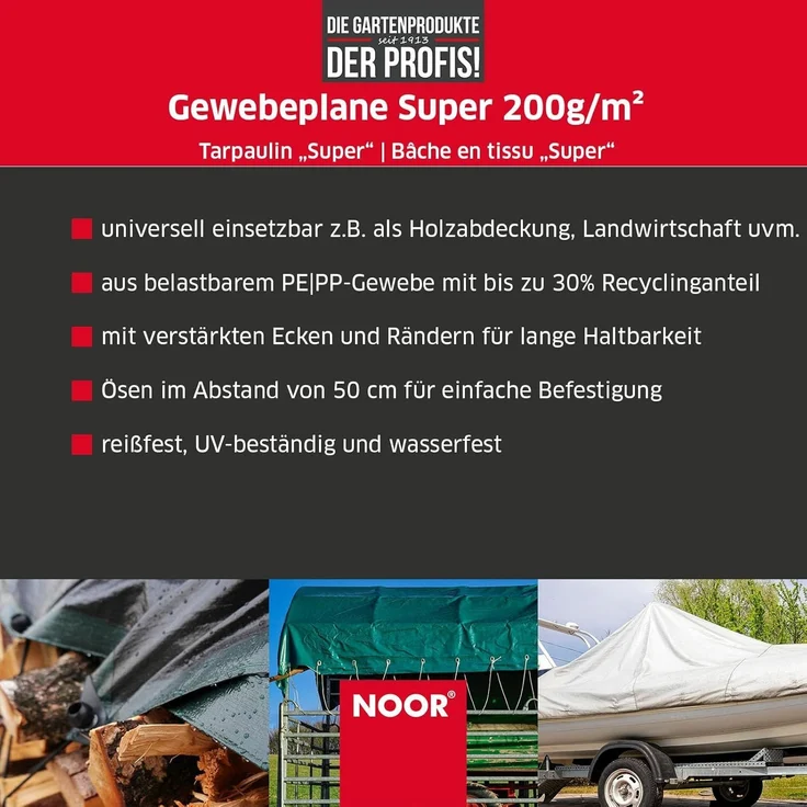 NOOR Abdeckplane SUPER - 200g/m² - 3x6 m - Grün - Allzweckplane für Schutz vor Witterung - Ideal geeignet für Gartenbereich - UV-stabilisiert, beidseitig beschichtet, wasserfest und abwaschbar – Bild 2