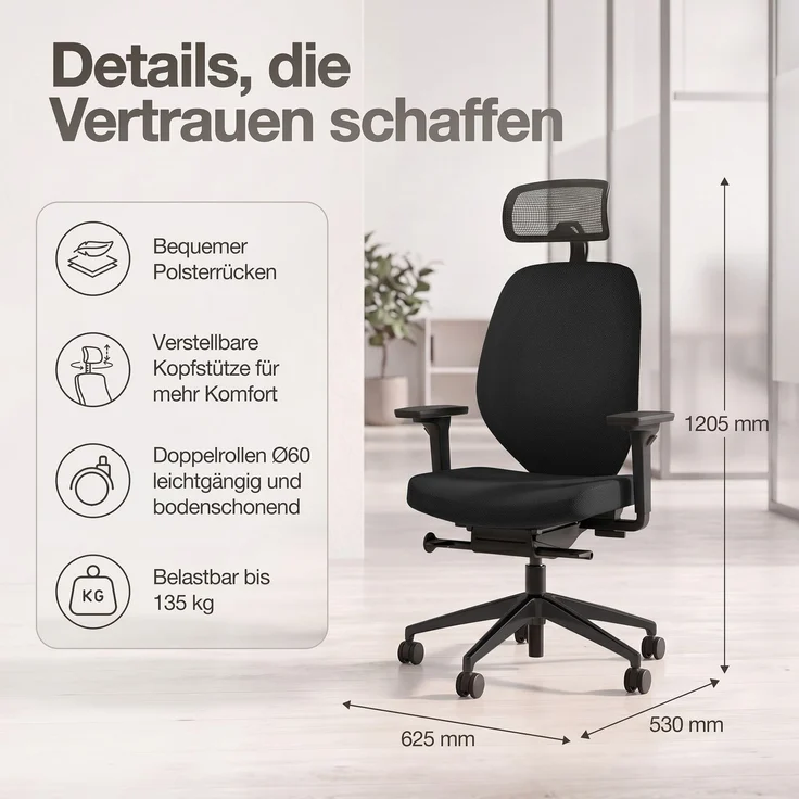 ASSMANN Ergonomischer Bürostuhl Atessa mit Polsterrücken und Kopfstütze Schwarz 63x53x121cm Textil – Bild 6