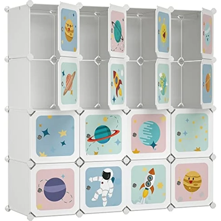 Kleiderschrank, DIY-Aufbewahrungsschrank, für hängende Kleidung, Aufbewahrung, für Kinder, mit 16 Würfeln, 4 Hängestangen, 123 x 41 x 123 cm, weiß LPC905W01 – Bild 1