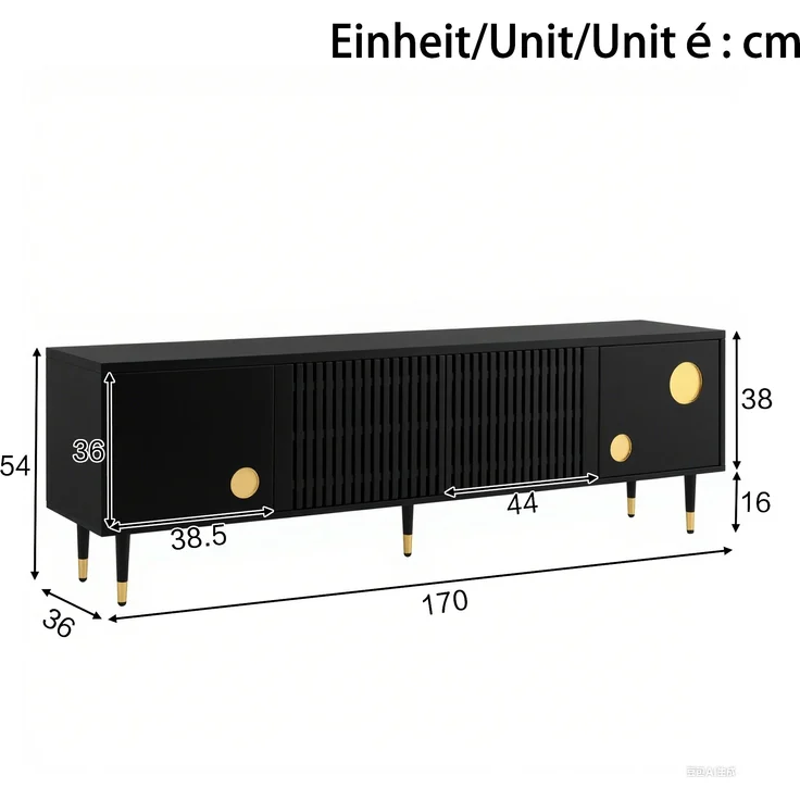TV-Schrank aus MDF mit 4 Türen & Kabelmanagement, 170x36x54 cm, Schwarz – Bild 6