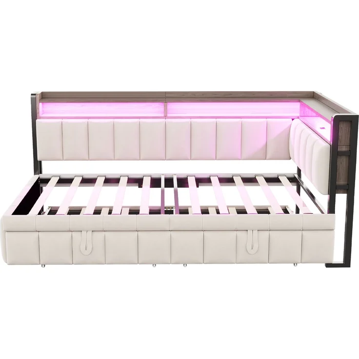Ausziehbett mit Liegefläche 90×200 cm und Auszug 90×190 cm, LED-Beleuchtung, Beige, ohne Matratze – Bild 9