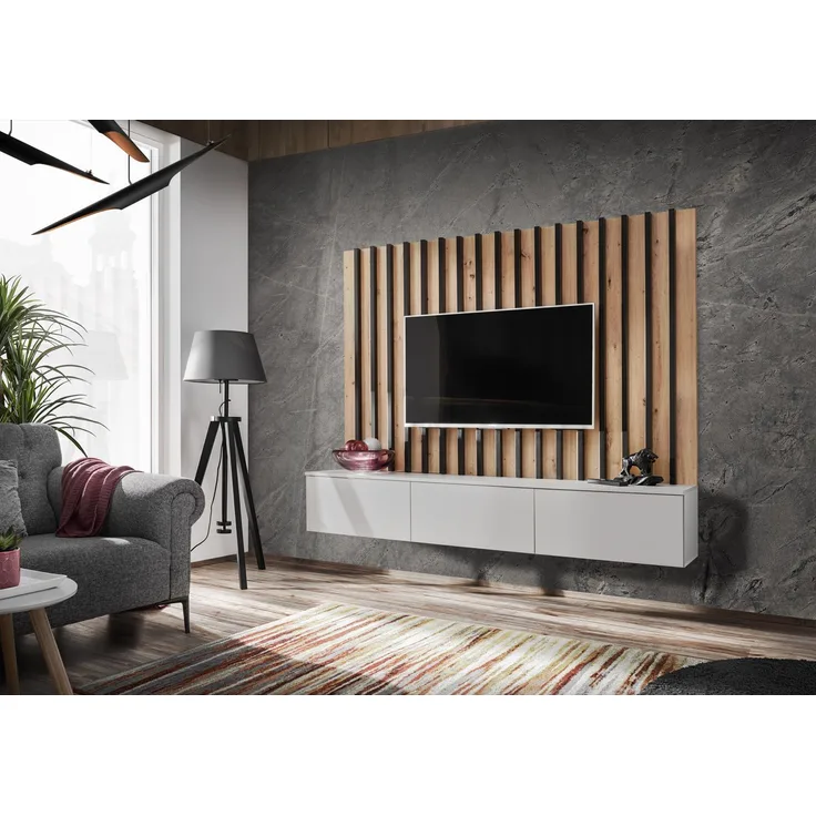 Wohnwand Verti 2 in Perla Gray und Artrisan mit Lamellenplatte 180 x 148 x 35 cm 2-teilig