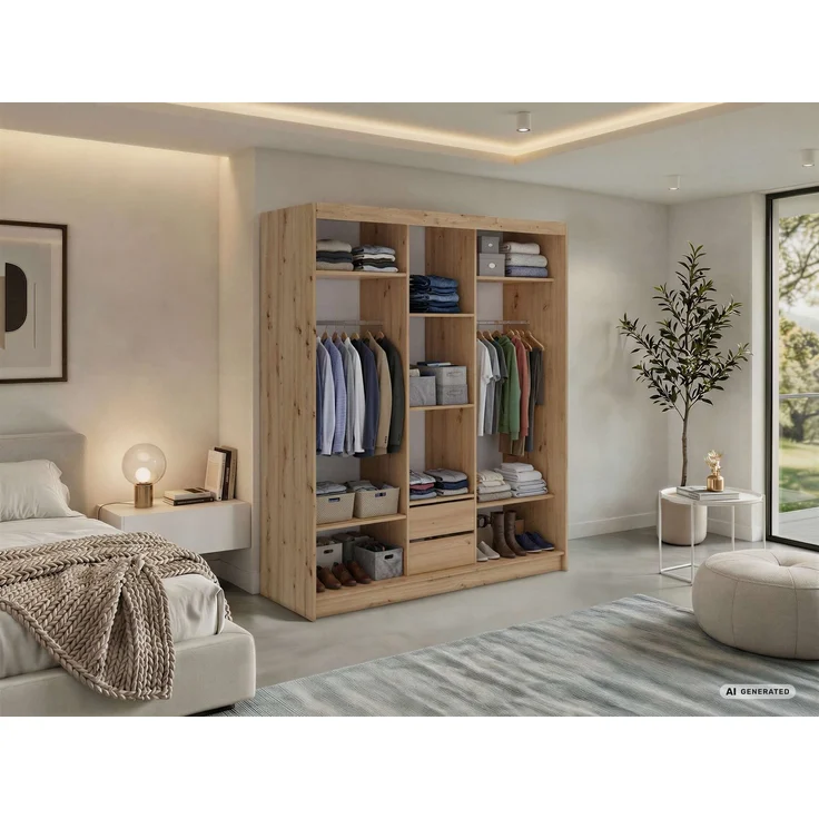 Schwebetürenschrank NAURU mit Lamellen-Optik, moderner Kleiderschrank, Breite 180 cm, inkl. Innenausstattung & Stauraum, Akustikpaneel-Design - Eiche Artisan und Schwarz - mit Schubladen – Bild 3