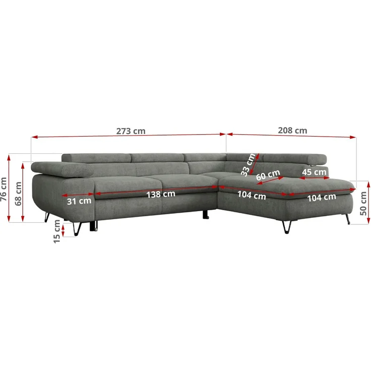 Mks Möbel 'Peter L-form' Ecksofa mit Bettfunktion, Bettkasten & einstellbaren Kopfstützen, Grau, Stoff, mit Topper, rechts – Bild 7