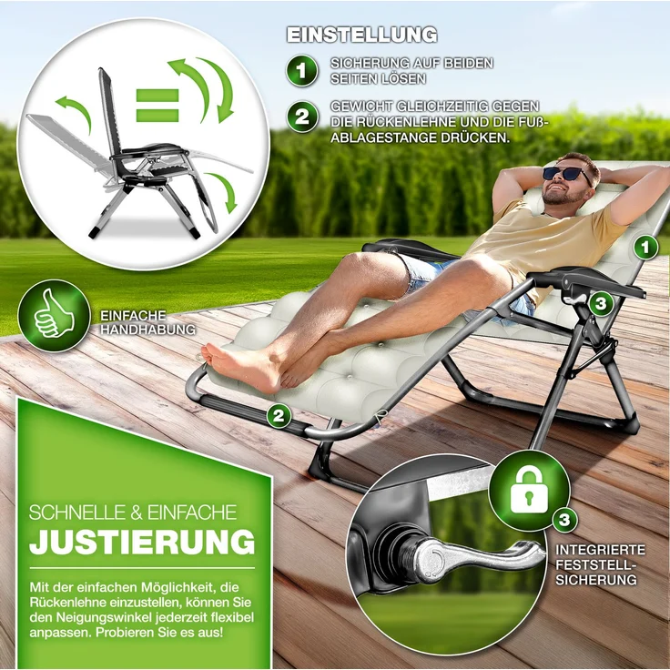 tillvex® Liegestuhl klappbar bis 200 kg Beige | Sonnenliege wetterfest für Balkon, Garten & Terrasse | Outdoor Liege verstellbar mit dickem Polster | Relaxliege mit Nackenkissen, Getränkehalter & Auflage – Bild 8
