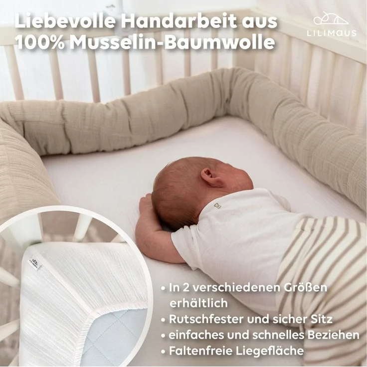 lilimaus Spannbettlaken Musselin Bettlaken Baby 60x120 & 70x140 mit Rundum-Gummizug, (1 Stück), weicher Musselin mit Rundum-Gummizug - sicherer Halt im Babybett – Bild 3