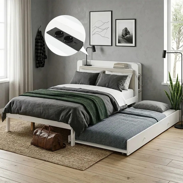EINHOM Funktionsbett 120 × 200 cm Weiß mit Ausziehbett 90 × 190 cm, Holzbett mit gepolstertem Kopfteil, Kopfteilregal, Ladestation und offenem Stauraum, platzsparendes Gästebett (Ohne Matratze)