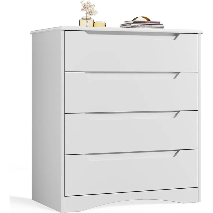 Bealife Kommode Weiß, Schlafzimmer Kommode mit 4 Geräumige Schubladen, Schrank mit Schubladen mit Ausgeschnittenen Griffen und Kippsicherung, Schubladenschrank Ideal für Wohnzimmer, Büro