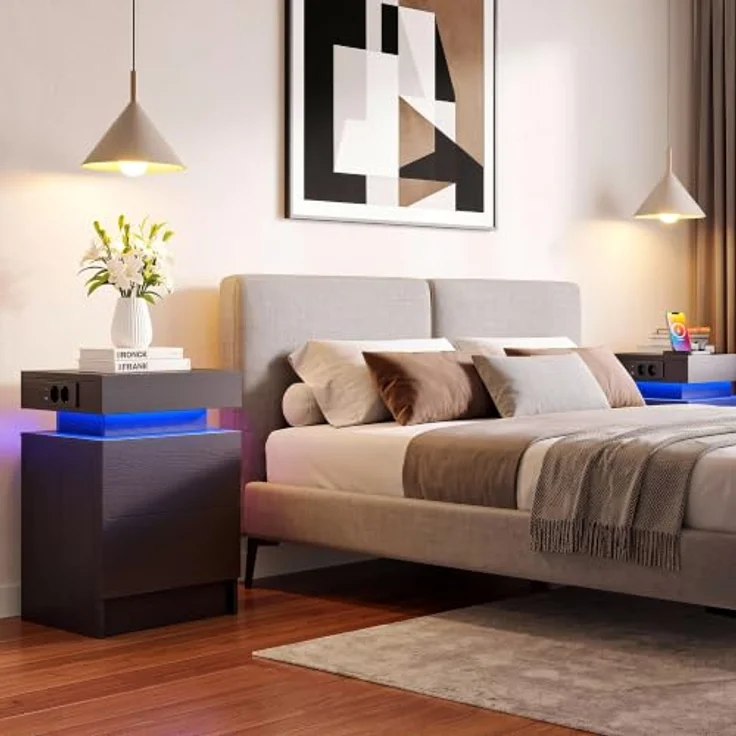 IRONCK Nachttisch 2er Set, Nachtschrank mit Ladefunktion, LED, 40x35x60 cm | Beistelltisch mit 2 Schubladen, schlafzimmer möbel mit Steckdosen, USB & USB-C, für Wohnzimmer, Nachtkommode 2er set Schwarz – Bild 2