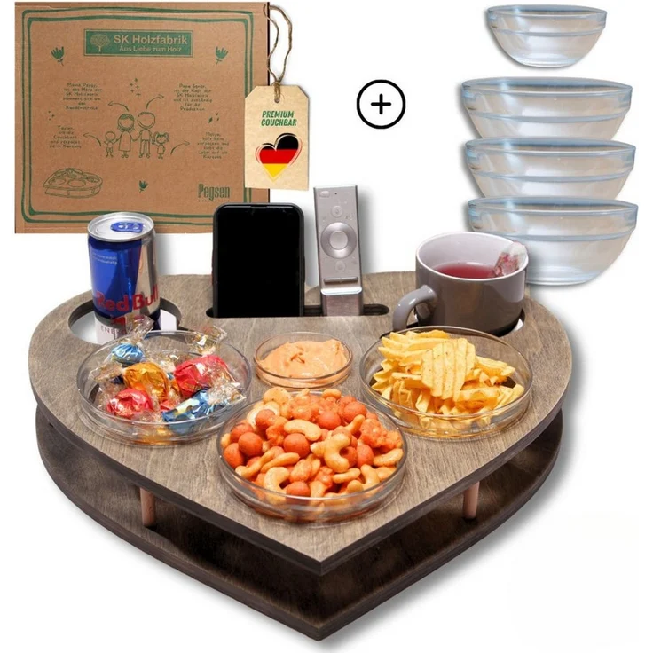 PEGSEN Servierplatte Couchbar Snackbox Herz mit 4 Snackschalen Sofa Tablett, Birkenholz, (lebensmittelechte Glasschalen), passend für Kaffeetassen, Weingläser & 0,5l Flaschen – Bild 1