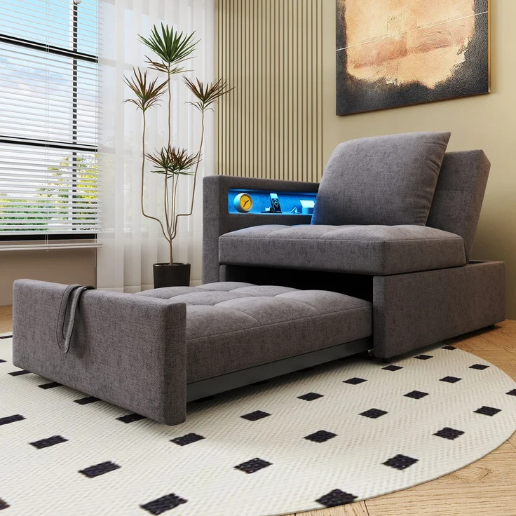 Merax Polsterbett Schlafsofa 3 in 1 Multifunktions-Schlafsofa, Leinenstoffsofa mit verstellbarer Rückenlehne, Die Armlehne verfügt über LED-Lichtleisten und USB-/Typ-C-Anschlüsse, Dunkelgrau – Bild 3