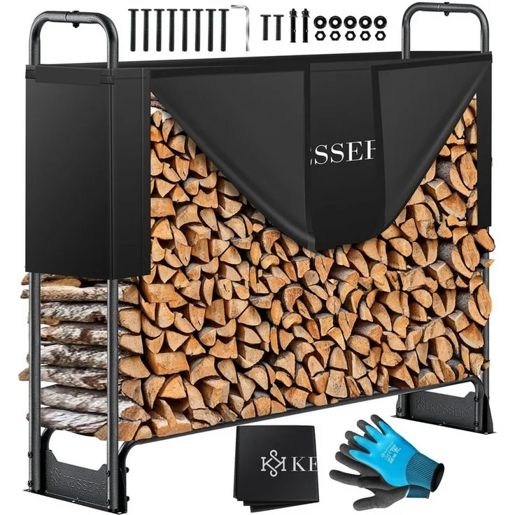 KESSER® Kaminholzregal Metall Brennholzregal außen Stahlrahmen + Abdeckung & Handschuhe Kaminholzunterstand 200kg Wasserdichter Holzlager Holzstapelhilfe für Garten Terrasse Schwarz, 130 x 36 x 117cm