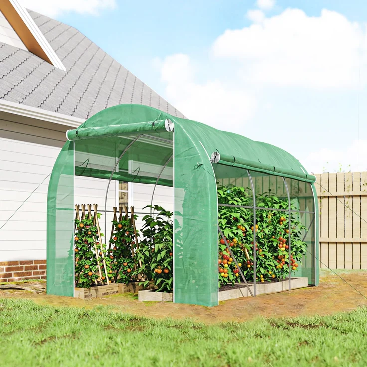 Wohnora-6 m² (3 x 2 m) großer Gartentunnel mit 1 Tür und 2 aufrollbaren, reißverschlussverschließbaren Seitenwänden, 6 Fenstern, grün,H 2000cm x T 1100cm x B 1960cm – Bild 1