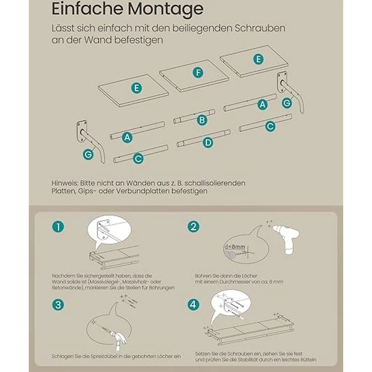 SONGMICS Wandgarderobe, Garderobe, Wandregal mit Kleiderstange, Gesamtbelastbarkeit 60 kg, 28 x 109 x 13,2 cm, für Schlafzimmer, Ankleidezimmer, naturbeige-wolkenweiß HSRDE135W01 – Bild 5