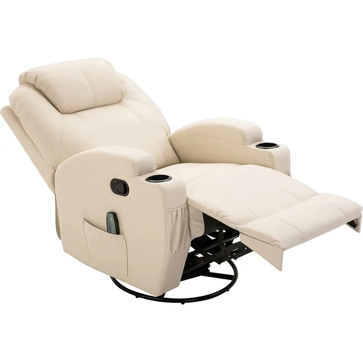 Wohnora-Relaxsessel Massagesessel Fernsehsessel mit Liegefunktion Vibration Fußteil Seitentasche, TV Sessel Liegesessel Ruhesessel für Wohnzimmer, Cremeweiß,H 1090cm x T 840cm x B 920cm