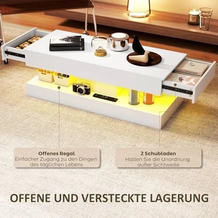 HOMCOM Couchtisch mit 12-Farbiger LED Beleuchtung, 2 Schublade, offenem Regal (Wohnzimmertisch, 1-St, Modern Beistelltisch), Kaffeetisch für Wohnzimmer 120 x 50 x 42 cm, Weiß – Bild 5