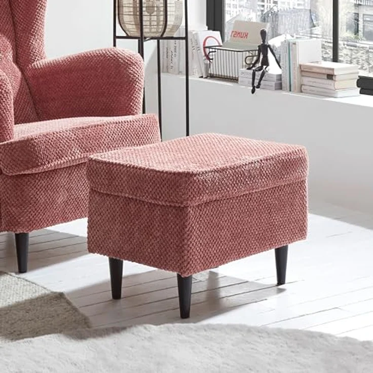OSKAR Fußhocker gepolstert, Coral - Vintage Polsterhocker für Sessel, Couch und Sofa - 63 x 43 x 42 cm (B/H/T) – Bild 3