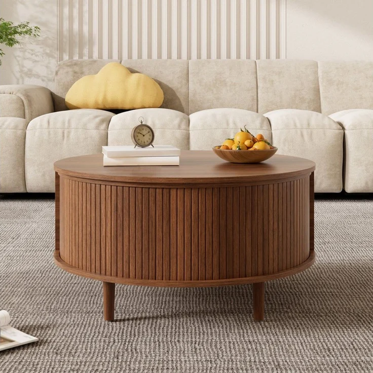 HAUSS SPOLE Couchtisch Couchtisch höhenverstellbar Kaffeetisch mit Schiebetür und Holzfüße (Wohnzimmertisch mit höhenverstellbarer Tischplatte), Moderner Sofatisch Holzoptik mit vertikalen Leisten – Bild 3