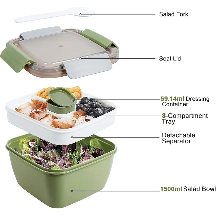 Lunchbox Auslaufsichere Bento 3 Fächer Salatbehälter 1500 ML Armeegrün – Bild 2