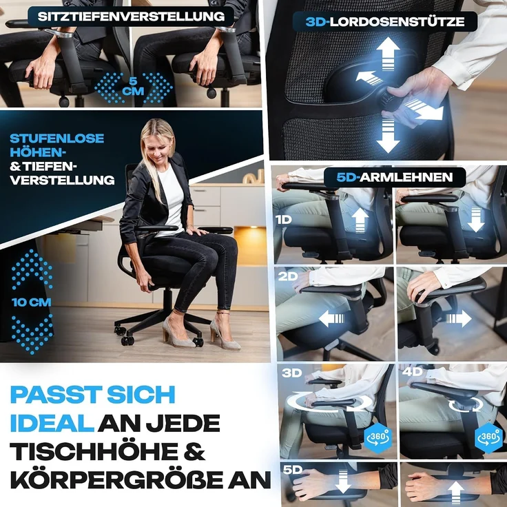 VALKENSTOL M4 Armstütze - Bürostuhl ergonomisch - 5 Jahre Garantie - 5D Armlehnen - verstellbare Sitztiefe - Schreibtischstuhl mit Gummirollen – Bild 6