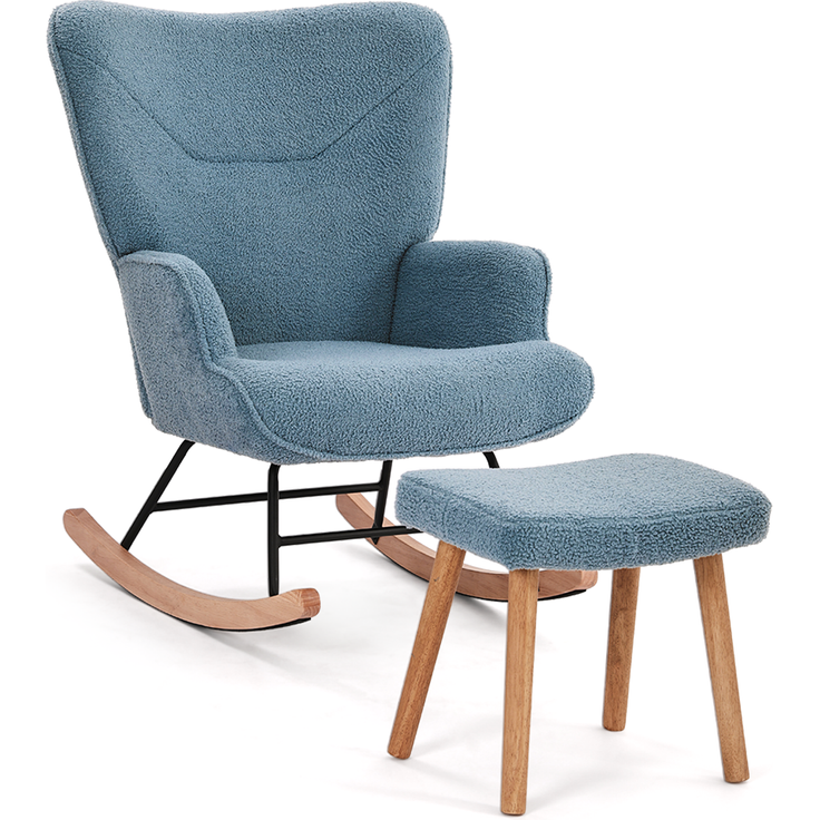 GOEURVANT 5006 Schaukelstuhl mit Hocker (Relaxsessel, Ohrensessel), Teddy-Stoff - Taubenblau – Bild 2